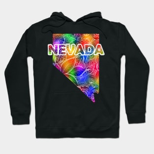 Colorful mandala art map of Nevada with text in multicolor pattern Hoodie